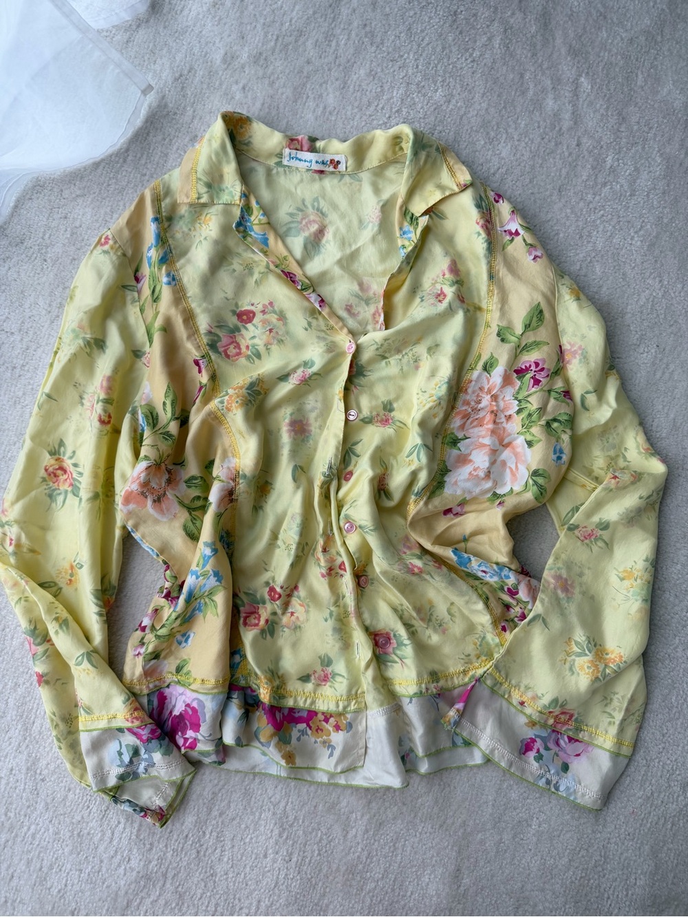 Johnny Was Silk Pale Yellow Floral Button-Front Blouse
